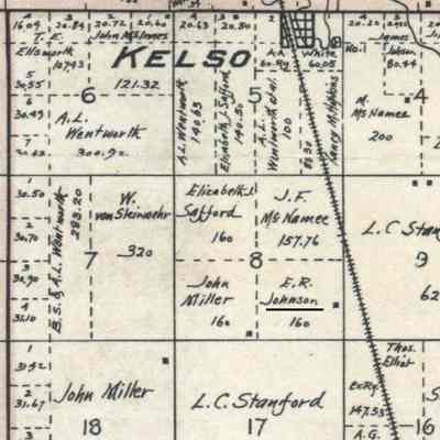 1900 map, NW portion Kelso Township, Traill County, ND: Ed R. Johnston, SE Qtr., Sect. 8