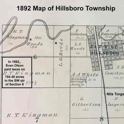 1892 Plat map of Hillsboro Township: Land the Sven Olson paid taxes on in 1882.