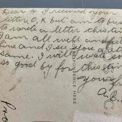 Back of postcard with message to Miss Hannah Swenson from ABJ