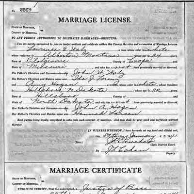 Marriage License & Certificate, Amy Hagen and Lawrence Walz, courtesy Ancestry.com: 27 Jan. 1941, Missoula, Missoula County, Montana