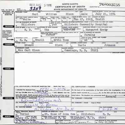 Certificate of Death, Traill County, North Dakota: Record for Carl William Olson, informant Margaret (Kneip) Olson