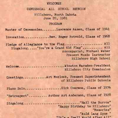 Hillsboro High School: 20 June 1981, All School Reunion Program, page 1