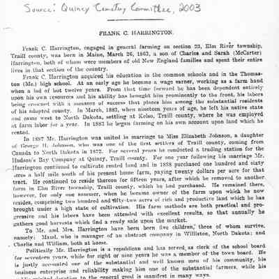 Document compiled by the Quincy Cemetery Committee, 2003: The Frank C. Harrington family