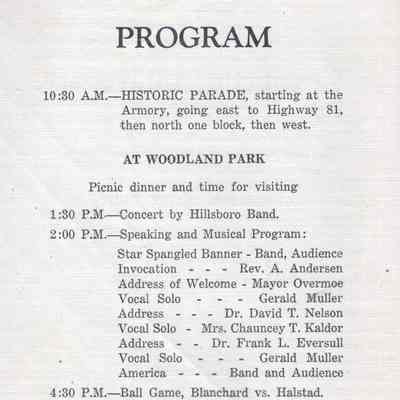 Old Settler Reunion, 1941, Hillsboro, Traill County, North Dakota: Program, page 2
