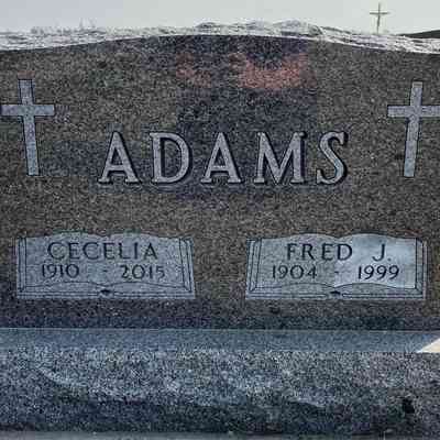 Grave monument photo, Calvary Cemetery, Reynolds, ND: Fred J. and Cecelia (Kneip) Adams, photo courtesy US Find-a-Grave