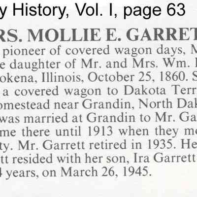 Fleischer family: Mollie Elizabeth Fleischer (Mrs. William A. Garrett), 1879 settler in Bohnsack Township, Traill County, Dakota Territory