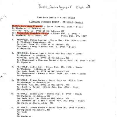 Beitz_Genealogy.pdf by Karen (Fleischer) Ackerman courtesy granddaughter Jackie (Ausk) Baumgartner: Information on Lorraine Beitz and Rudy Reinpold, and children, page 21