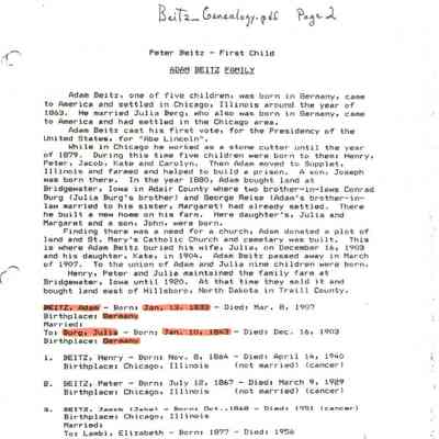 Beitz_Genealogy.pdf by Karen (Fleischer) Ackerman courtesy granddaughter Jackie (Ausk) Baumgartner: Information on Adam Beitz family, page 2