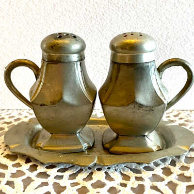 Old Colonial Pewter Salt, Pepper & Tray