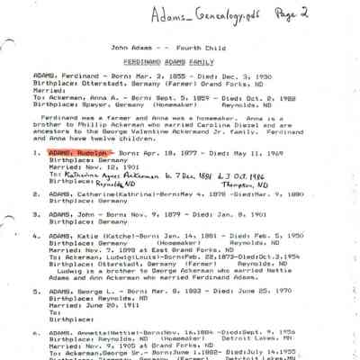 Adams_Genealogy.pdf by Karen (Fleischer) Ackerman courtesy granddaughter Jackie (Ausk) Baumgartner: Information on Rudolph (Adolph) Adams, page 2