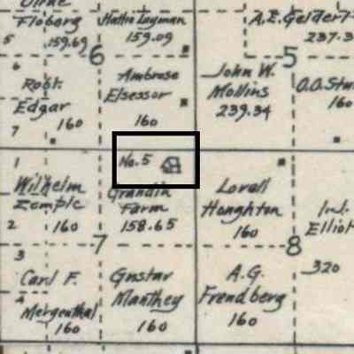 1900 map, portion of Caldonia Township, Traill County, ND: Caledonia School No. 5 was located in the NE Qtr. of Sect 7