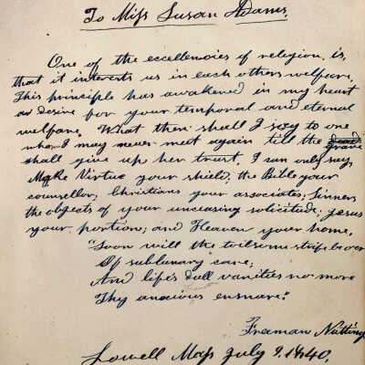 1840 Autograph Album/Journal: a 9 July 1840 note to Miss Susan Adams