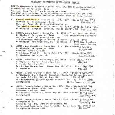 Beitz_Genealogy.pdf by Karen (Fleischer) Ackerman courtesy granddaughter Jackie (Ausk) Baumgartner: Information on Children of John Peter (JP) Jr. & Margaret (Beitz) Kneip, page 30