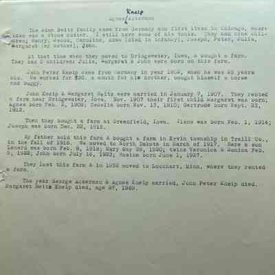 John & Margaret (Beitz) Kneip history by daughter, Agnes
