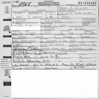 North Dakota Certificate of Death, Union Hospital, Mayville: Record for Agnes Myrtle (Monson) Kamphaug (Mrs. Ole A. Kamphaug)