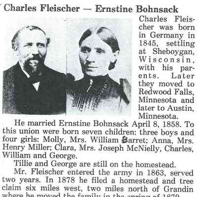 Fleischer family: Charles William (CW) and Ernestina (Bohnsack) Fleischer, 1878 Pioneers in Bohnsack Township, Traill County, DT