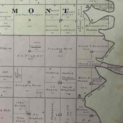 1892 Traill & Steele Counties Atlas, S Belmont and N Caledonia Township.: Charles (Chas) L. Gordon lands in Sections 14, 16 and 22.