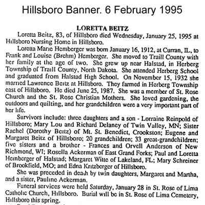 Hillsboro Banner weekly newspaper, 6 February 1995 issue, page 4: Obituary, Loretta (Hemberger) Beitz