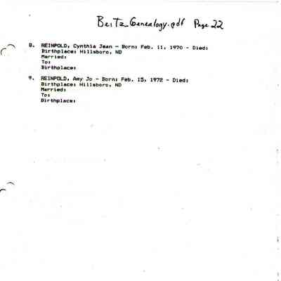 Beitz_Genealogy.pdf by Karen (Fleischer) Ackerman courtesy granddaughter Jackie (Ausk) Baumgartner: Information on Lorraine Beitz and Rudy Reinpold, and children, page 22