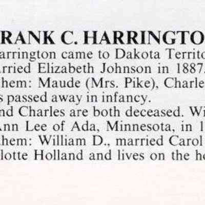 Traill County History 'Yesteryears' book, 1976, Vol. I, page 77: Brief life history of Frank C. Harrington