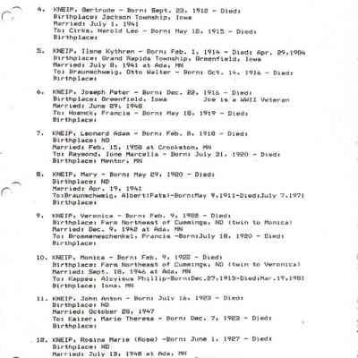 Kneip_Genealogy.pdf by Karen (Fleischer) Ackerman courtesy granddaughter Jackie (Ausk) Baumgartner: Information on John Peter (JP) Jr. & Margaret (Beitz) Kneip, page 8