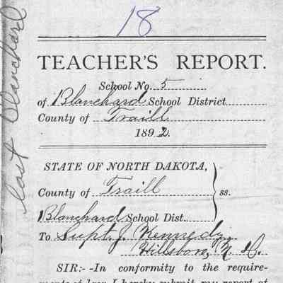 Blanchard School No. 5, 1892 Teacher's Report, Winter Term: Esther Johnson, Teacher