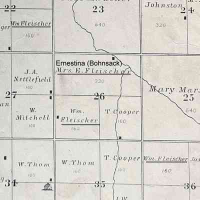 Mrs. E. Fleischer (Ernestina Bohnsack) land in N-half, Section 26: 1892 Atlas plat map for the SE portion of Bohnsack Township, Traill County, ND