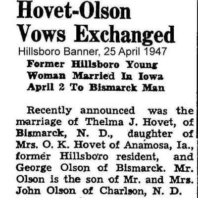 Hillsboro Banner, 25 April 1947: Thelma Hovet and George Olson exchange vows