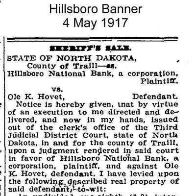 Hillsboro Banner news, 4 May 1917: Claim by Hillsboro National Bank for $330.36 against estate of Ole K. Hovet