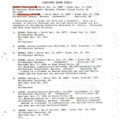 Adams_Genealogy.pdf by Karen (Fleischer) Ackerman courtesy granddaughter Jackie (Ausk) Baumgartner: Information on Ferdinand John Adams Sr. and Anna Maria Ackerman, page 2