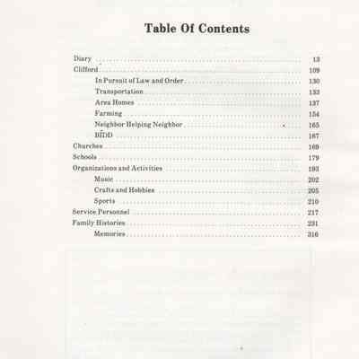 Clifford Centennial, 1881-1981, Prairie Portraits: Book Table of Contents page