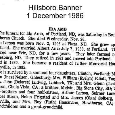 Hillsboro Banner, 1 December 1986: Ida (Larson) Amb obituary