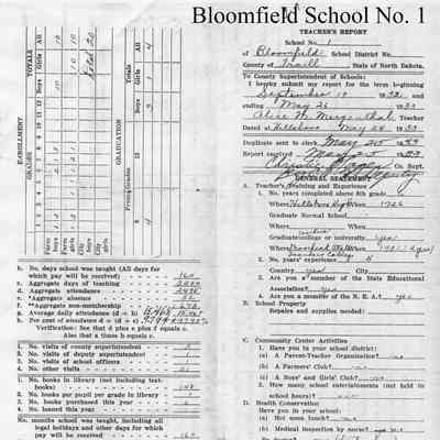 Bloomfield School No. 1, 1933 Teacher's Report: Alice M. Mergenthal, Teacher