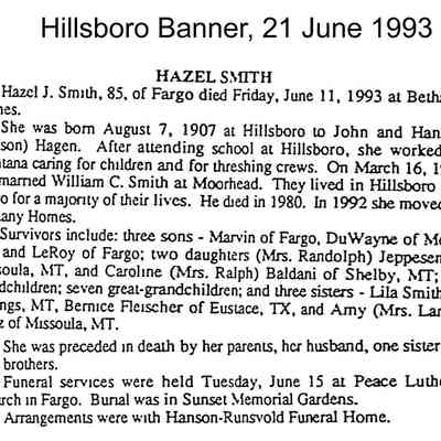Obituary for Hazel (Hagen) Smith: Hillsboro Banner, 21 June 1993