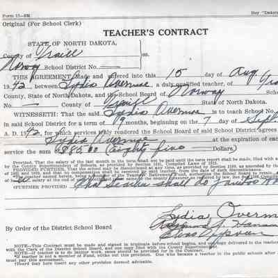 Norway School No. 3, 1942-1943 Teachers Contract: Lydia Overmoe, Teacher