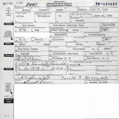Death certificate, Ervina M. Hagen, daughter of Erik and Maria (Manger) Hagen