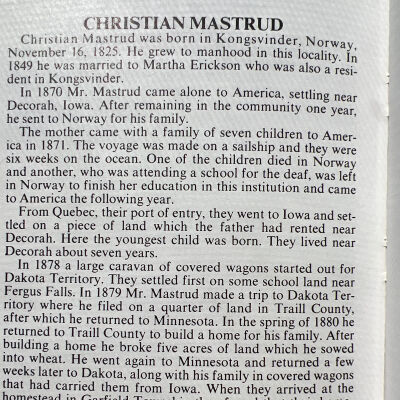 Mastrud family: Christian and Martha (Erickson) Mastrud, 1879 pioneers of Traill County, Dakota Territory