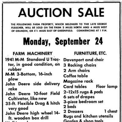 Auction sale, George Fleischer Estate, NE Qtr., Sect. 26, Bohnsack Township: Notice, Hillsboro Banner, 20 September 1962