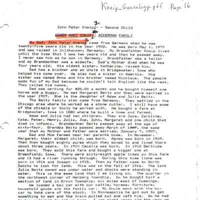 Kneip_Genealogy.pdf by Karen (Fleischer) Ackerman courtesy granddaughter Jackie (Ausk) Baumgartner: Information by Agnes Kneip on John Peter (JP) Jr. & Margaret (Beitz) Kneip, page 16