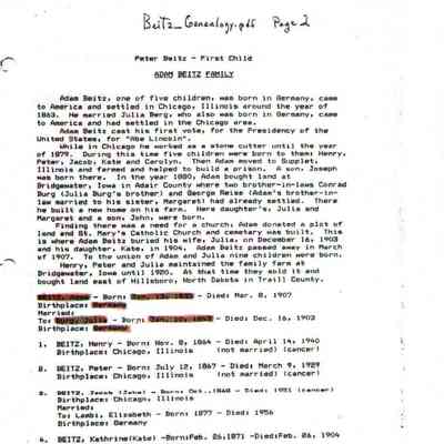 Beitz_Genealogy.pdf by Karen (Fleischer) Ackerman courtesy granddaughter Jackie (Ausk) Baumgartner: Information on Adam and Julia (Burg) Beitz family, page 2