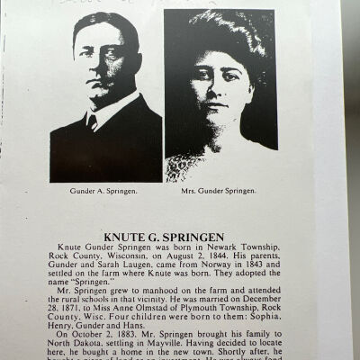 Springen family: Knute and Anne (Olmstad) Springen, and son, Gunder Springen, 1883 residents and businessmen of Mayville, Traill County, DT