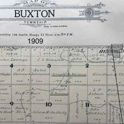 1909 Traill County Atlas including plat maps, Portion of Buxton Township: Joseph Ackerman's lands in Sections 2, 3 & 10; residence in SE Qtr., S 3.