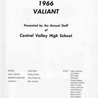 Central Valley High School 1966 Yearbook: Title and Annual Staff, page 1