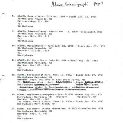Adams_Genealogy.pdf by Karen (Fleischer) Ackerman courtesy granddaughter Jackie (Ausk) Baumgartner: Information on Rudolph (Adolph) Adams, page 2