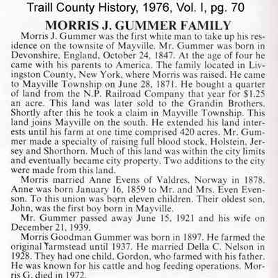 The Morris J. Gummer family, Mayville, North Dakota: Information on Page 70, Traill County History, Vol. I