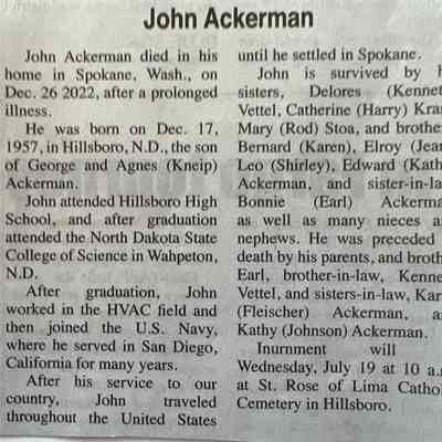 Hillsboro Banner, 13 Jan. 2023: Obituary, John Ackerman, son of George Jr and Agnes (kneip) Ackerman