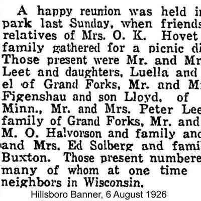 News, 6 August 1926, Hillsboro Banner: Stina (Mrs. O. K. Hovet) reunion picnic dinner held in city park