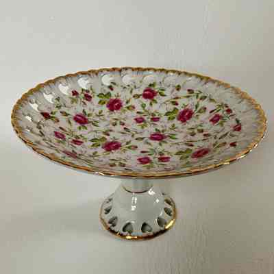Lefton China Porcelain Pink Rose Chintz Compote Pedestal Serving Dish