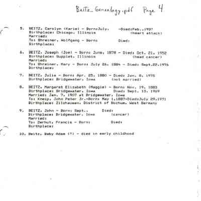 Beitz_Genealogy.pdf by Karen (Fleischer) Ackerman courtesy granddaughter Jackie (Ausk) Baumgartner: Information on Joe Beitz and Mary Schreiner, page 4