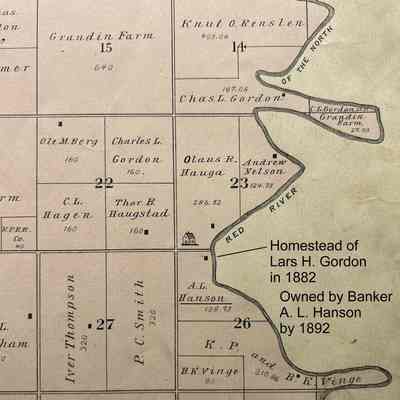 1892 Traill & Steele County Atlas, plat map for part of N Caledonia Township (later Bingham Township): 138.73 acres of land, N Half, Sect. 26, claimed by Lars H. Gordon (1882 tax records)